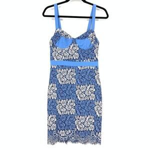 NBD Women's Sz S Cake Dress French Blue Ivory Mini Fitted Flower Lace Bustier